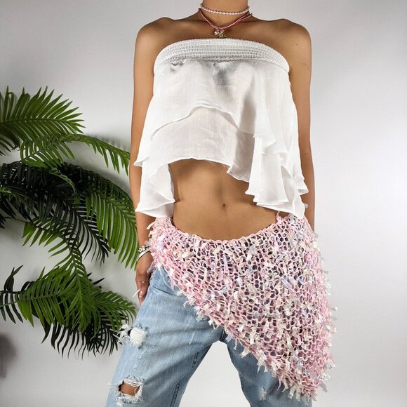 Vintage Pastel Pink Crochet Cottagecore Coquette Barbiecore Scarf Fringe Shawl - Picture 5 of 6